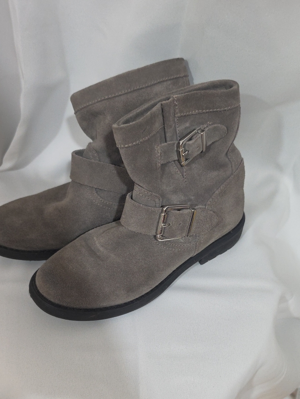 Suede Buckle Ankle Booties in Gray